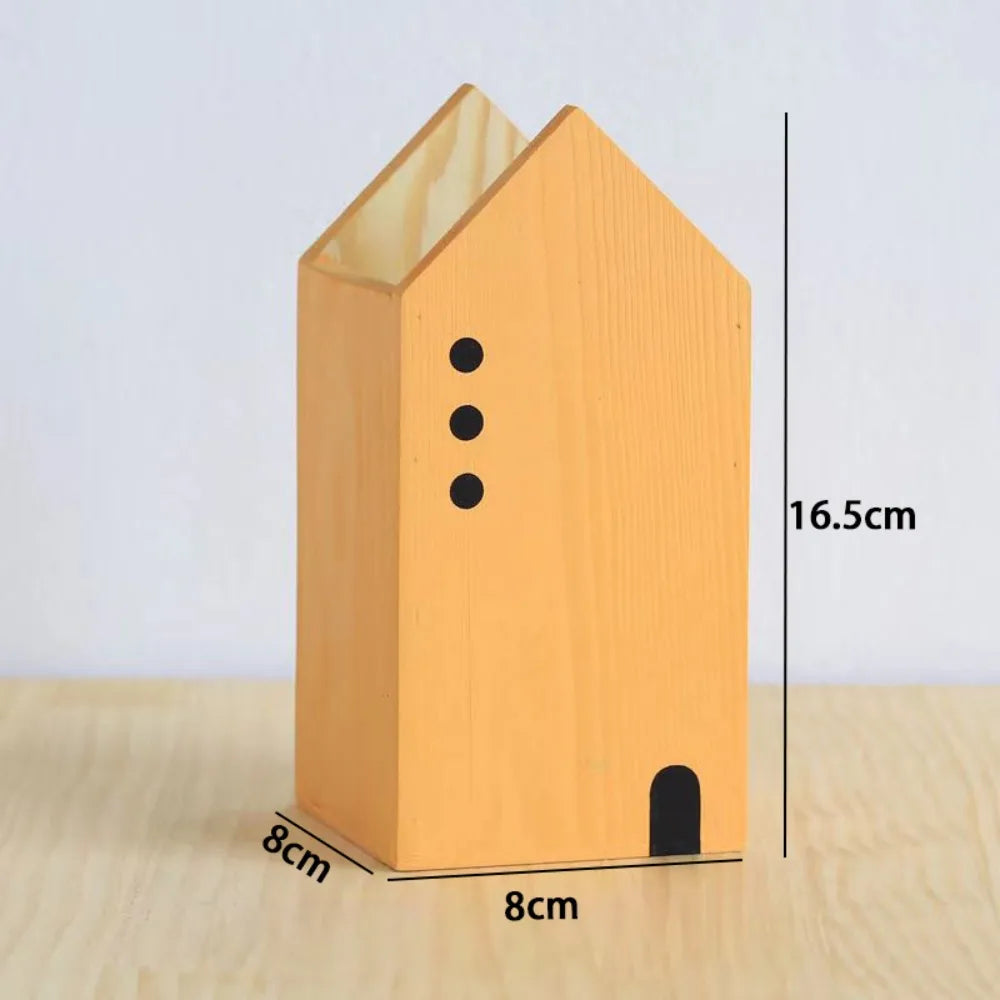 High-Quality Cartoon House Wooden Pen Holder