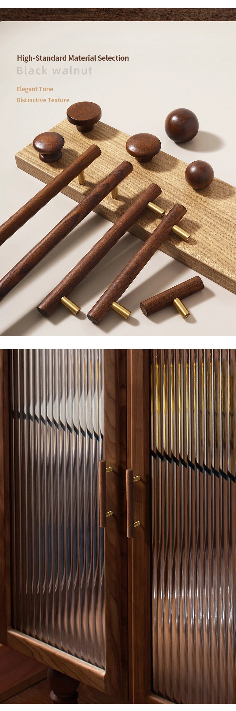 Nordic Walnut Wood Handle T bar Drawer Knobs Cupboard Long Pulls Kitchen Cabinet Door Handle Furniture Decorate Pulls and Knob