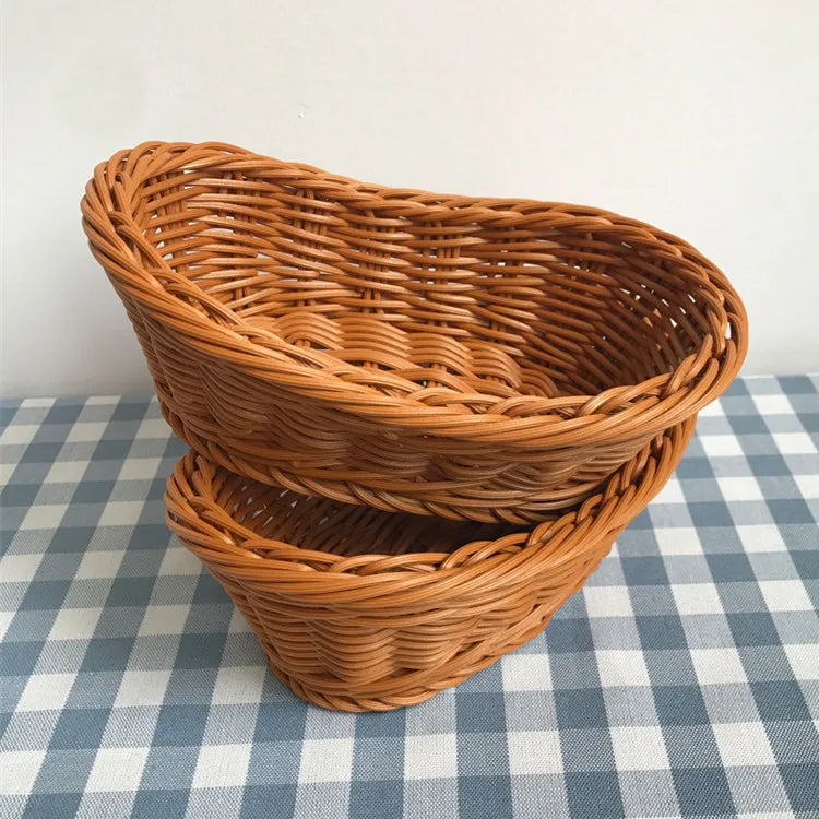 Oval Curved Rattan Wicker Woven Serving Baskets for Bread Fruit Vegetables Restaurant Serving Tabletop Display Rattan Basket
