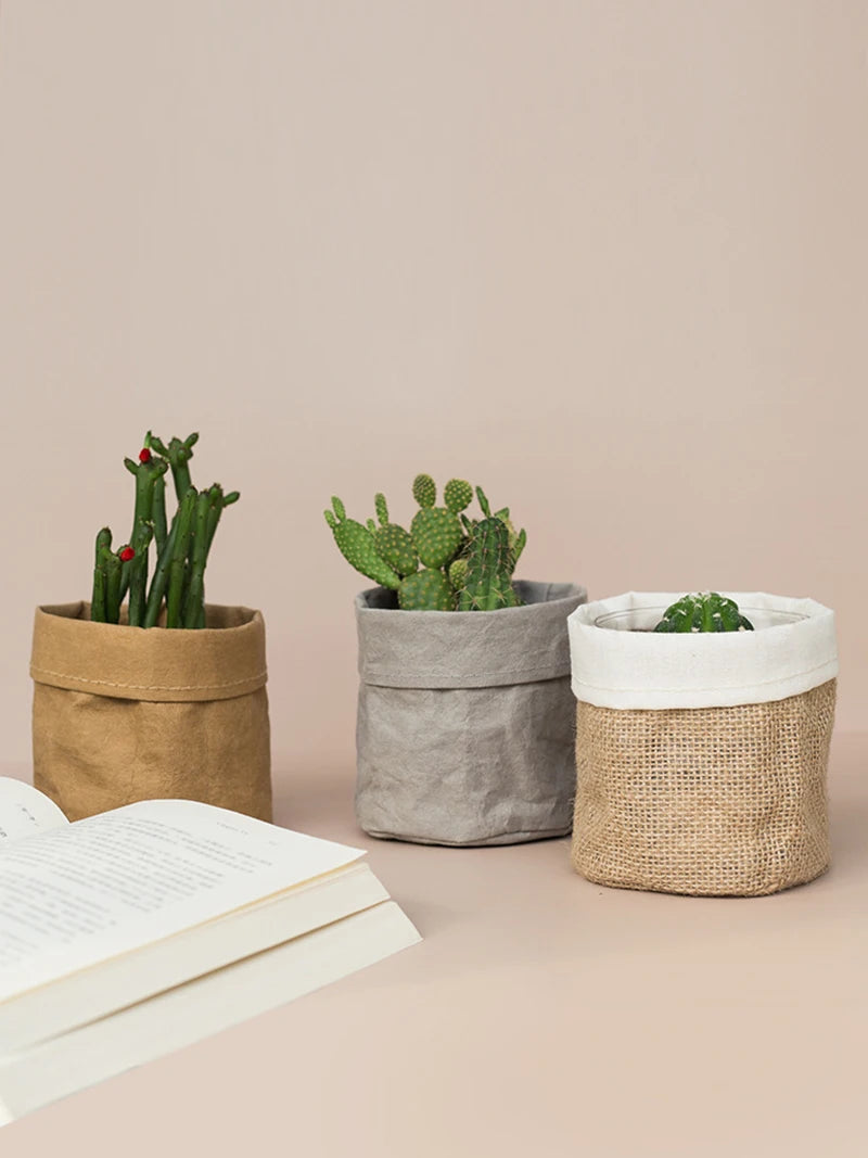 Retro Kraft Paper  Flower Basket Desktop Makeup Washable Fabric Storage Basket Flower Pot Cover Pen Holder Home Supplies