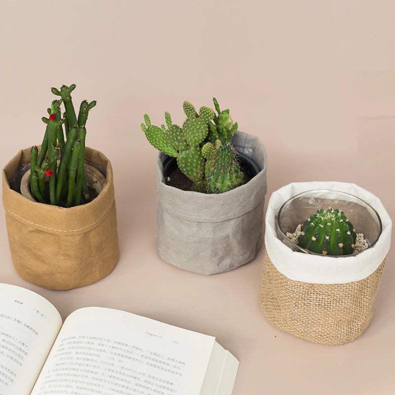 Retro Kraft Paper  Flower Basket Desktop Makeup Washable Fabric Storage Basket Flower Pot Cover Pen Holder Home Supplies