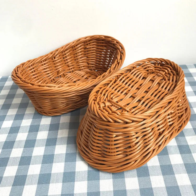 Oval Curved Rattan Wicker Woven Serving Baskets for Bread Fruit Vegetables Restaurant Serving Tabletop Display Rattan Basket