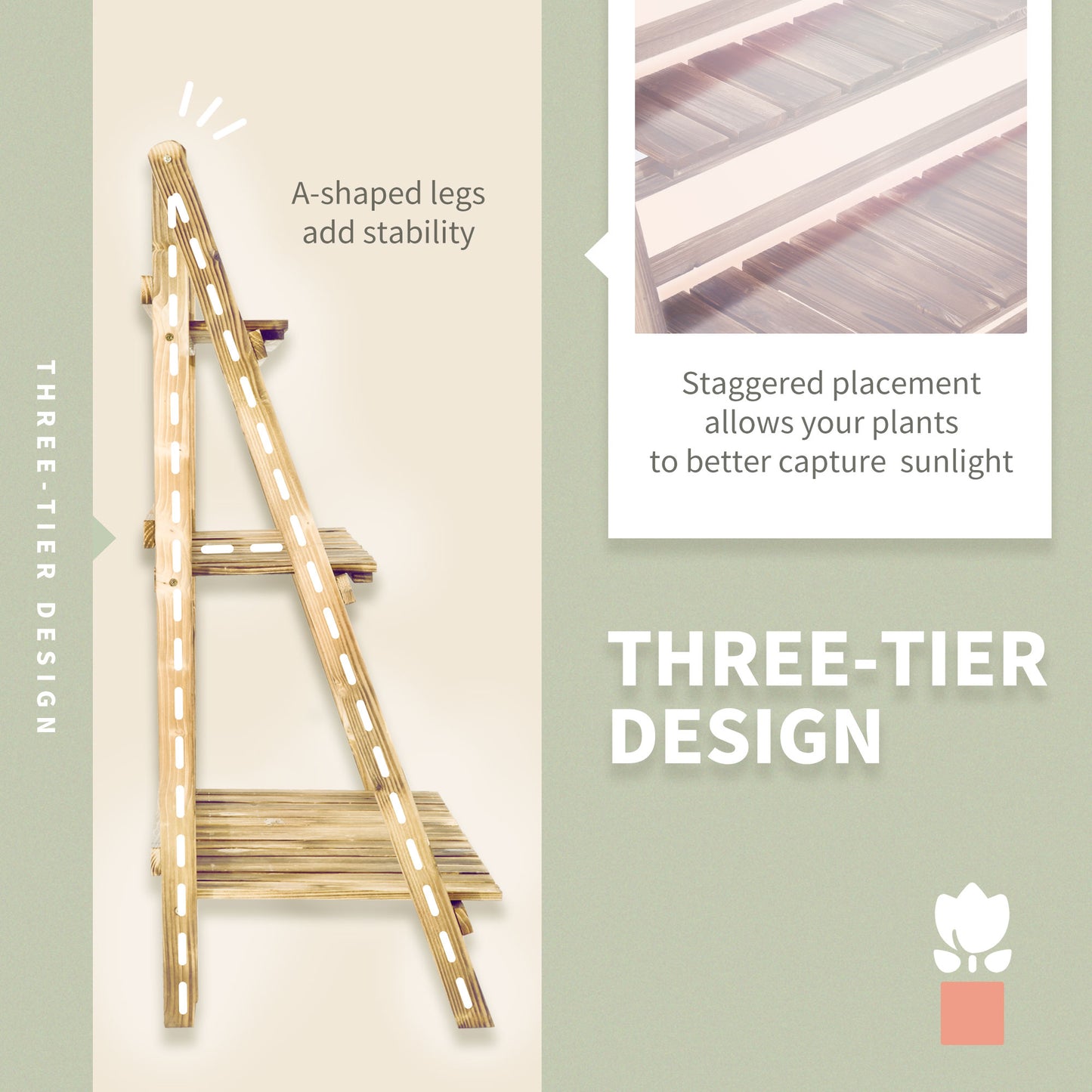 Outsunny Wooden Folding Flower Pot Stand 3 Tier Garden Planter Display Ladder Gardener Storage Shelves Rack Herb Holder