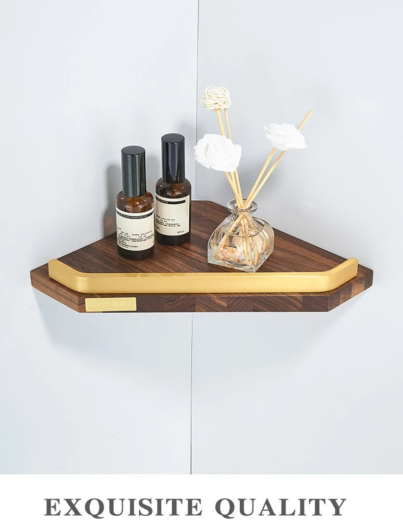Walnut Brushed Gold Bathroom corner Shelf