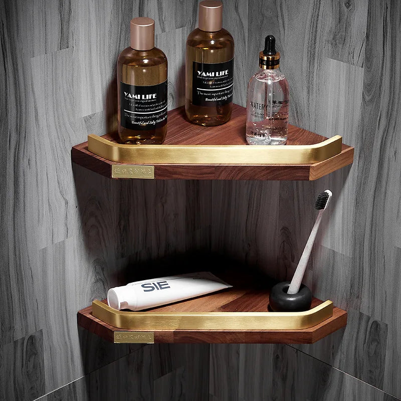 Walnut Brushed Gold Bathroom corner Shelf