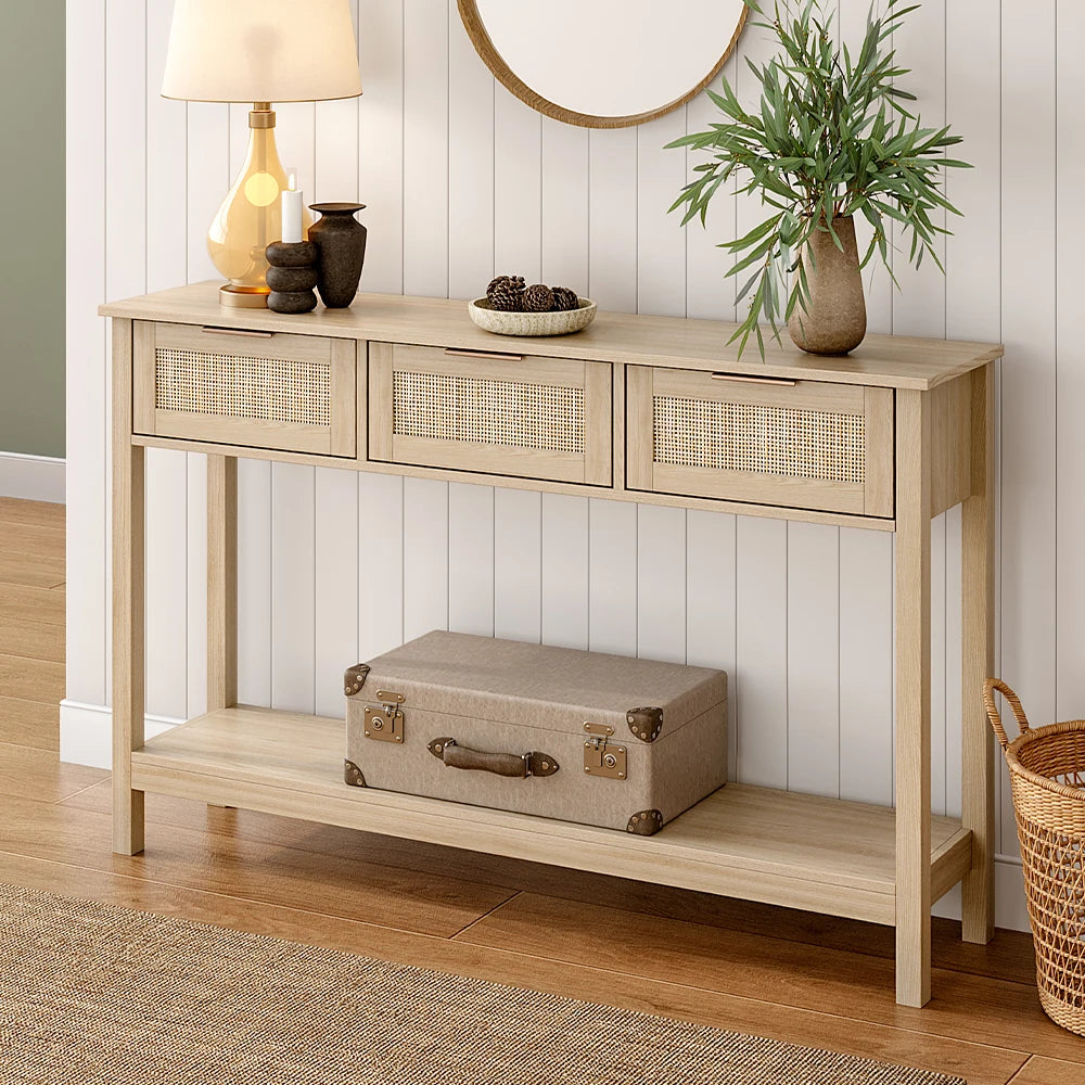 【Lifeideas】Rustic Wood Console Table with 3 Rattan Drawer Livingroom Bedroom Decoration Storage Cabinet