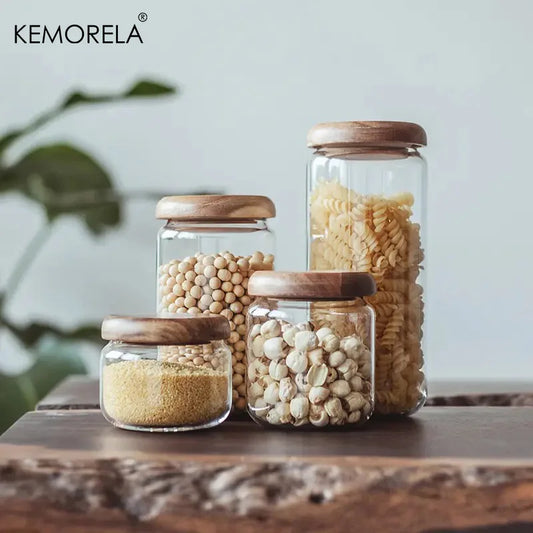 Transparent Glass Storage Jar with Acacia Wood Lid