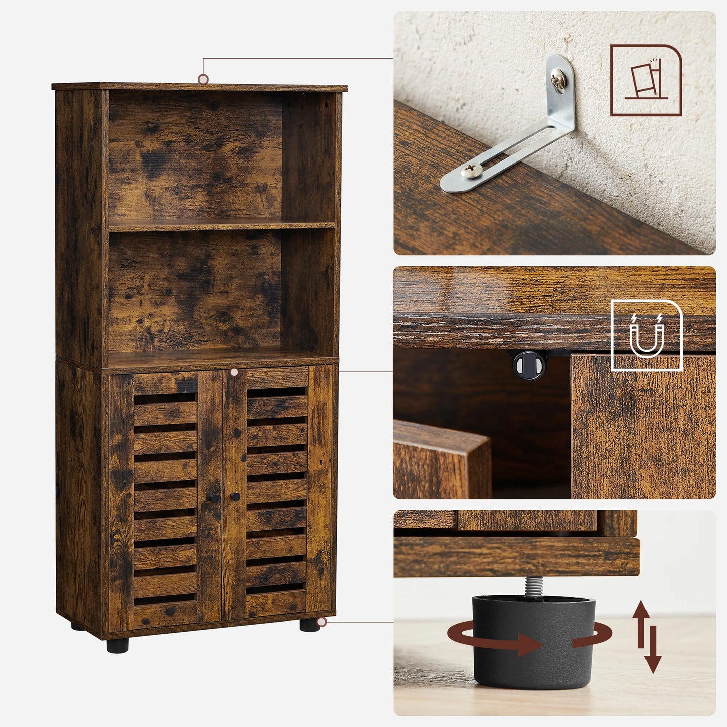 VASAGLE Floor Standing Cabinet, Storage Cabinet, Kitchen Cupboard, Bookcase with Louvered Doors