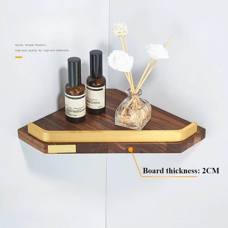 Walnut Brushed Gold Bathroom corner Shelf