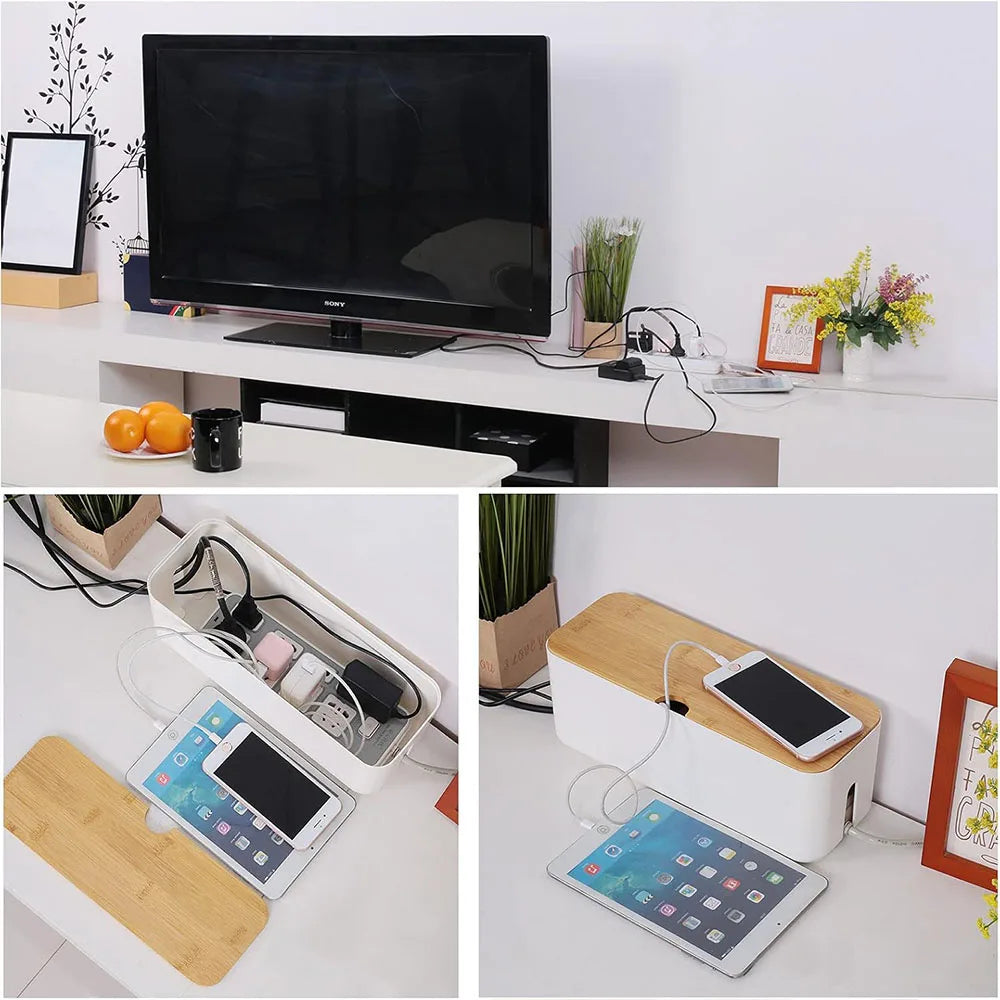 Cable Management Box with Wooden Lid