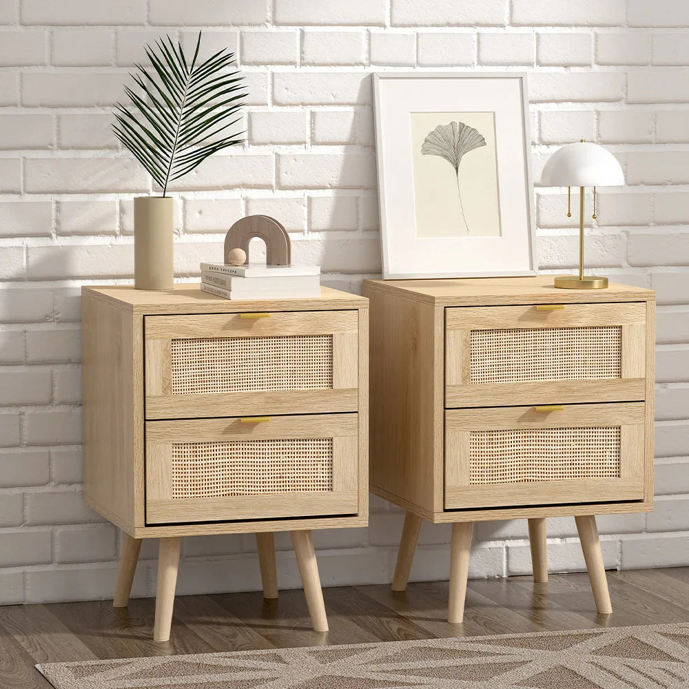 Nordic solid wood rattan side cabinet 2 pieces