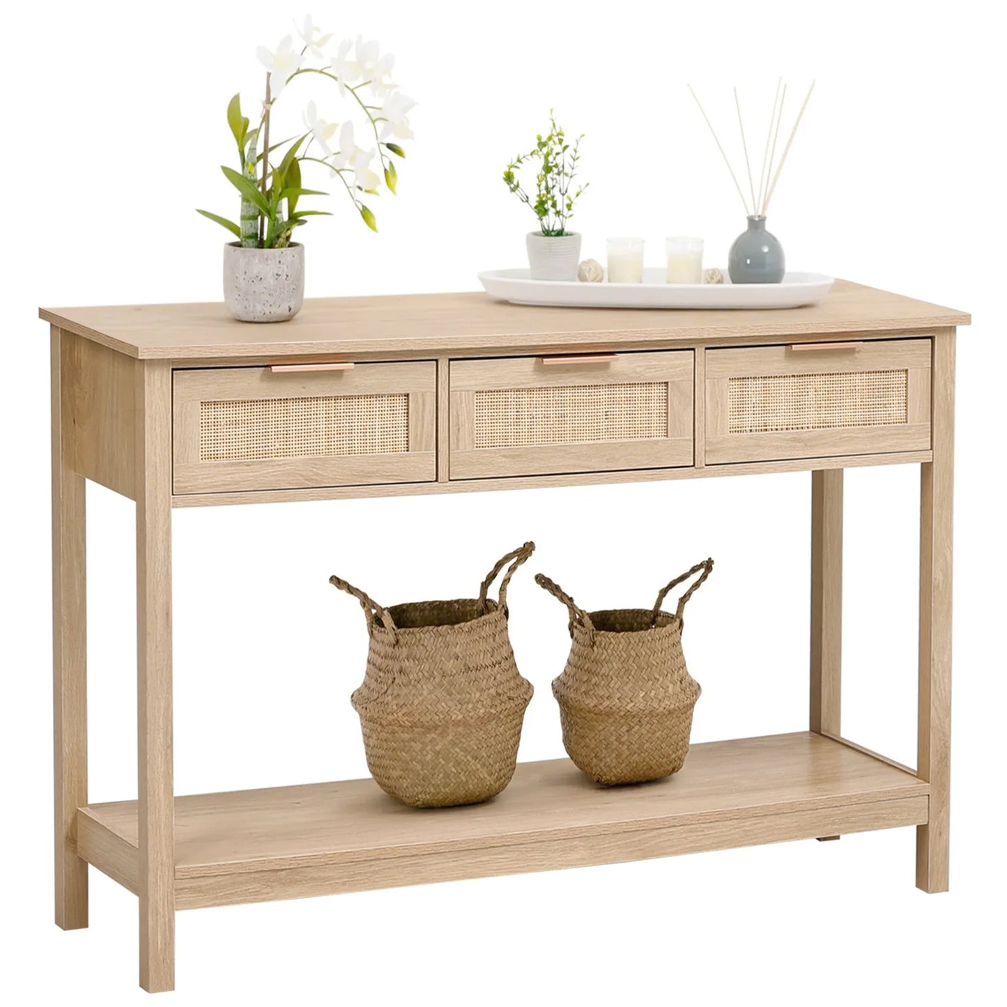 【Lifeideas】Rustic Wood Console Table with 3 Rattan Drawer Livingroom Bedroom Decoration Storage Cabinet
