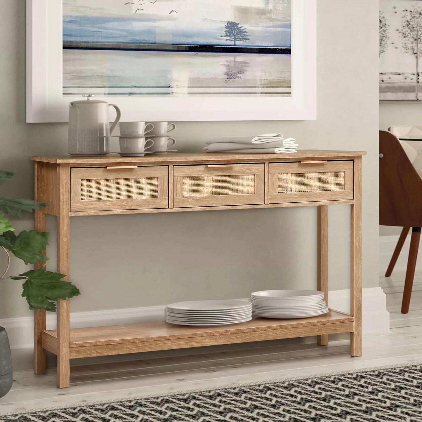 【Lifeideas】Rustic Wood Console Table with 3 Rattan Drawer Livingroom Bedroom Decoration Storage Cabinet
