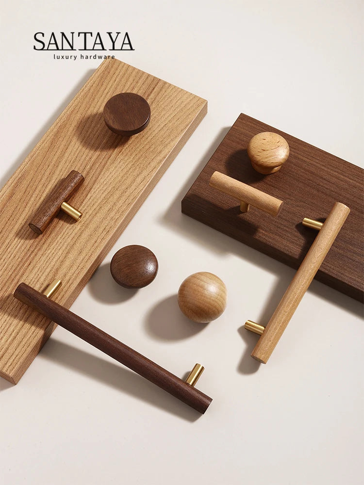 Nordic Walnut Wood Handle T bar Drawer Knobs Cupboard Long Pulls Kitchen Cabinet Door Handle Furniture Decorate Pulls and Knob