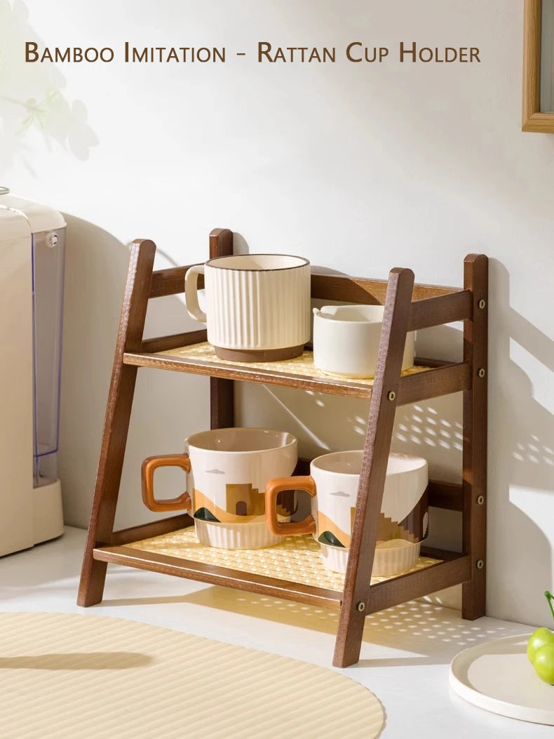 Countertop Organizer 2 Layer Coffee Cup Holder Multipurpose Bamboo Storage Shelf for Hotel Apartment Dressing Table Kitchen Home