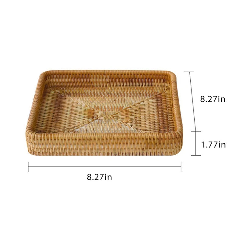Handwoven Rattan Storage Basket Square Wicker Tray Picnic Basket Bread Food Plate Fruit Cake Sundries Box Home Desk Decoration