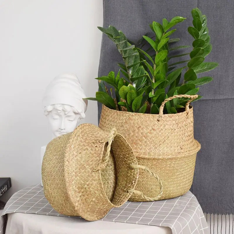 Seagrass Rattan Basket Foldable Wicker Organizer Handmade Plant Pot Laundry Bin Decorative Boho Style for Garden Home Decor