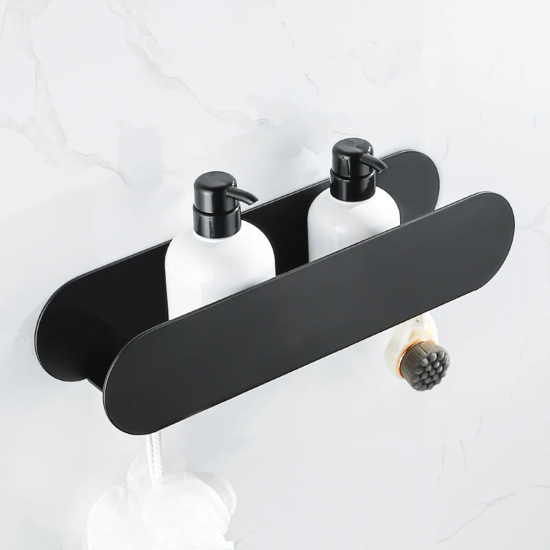 Black Aluminium Shower Caddy Shelf with Hooks