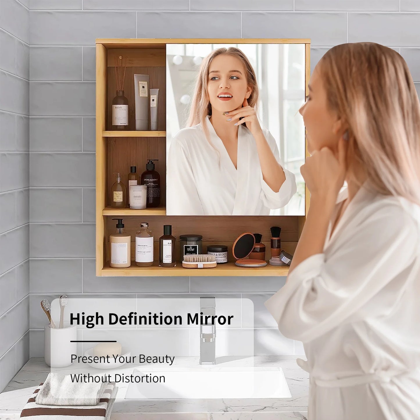 Wall Medicine Cabinet Natural Bamboo Bathroom Storage Cabinet with Mirror