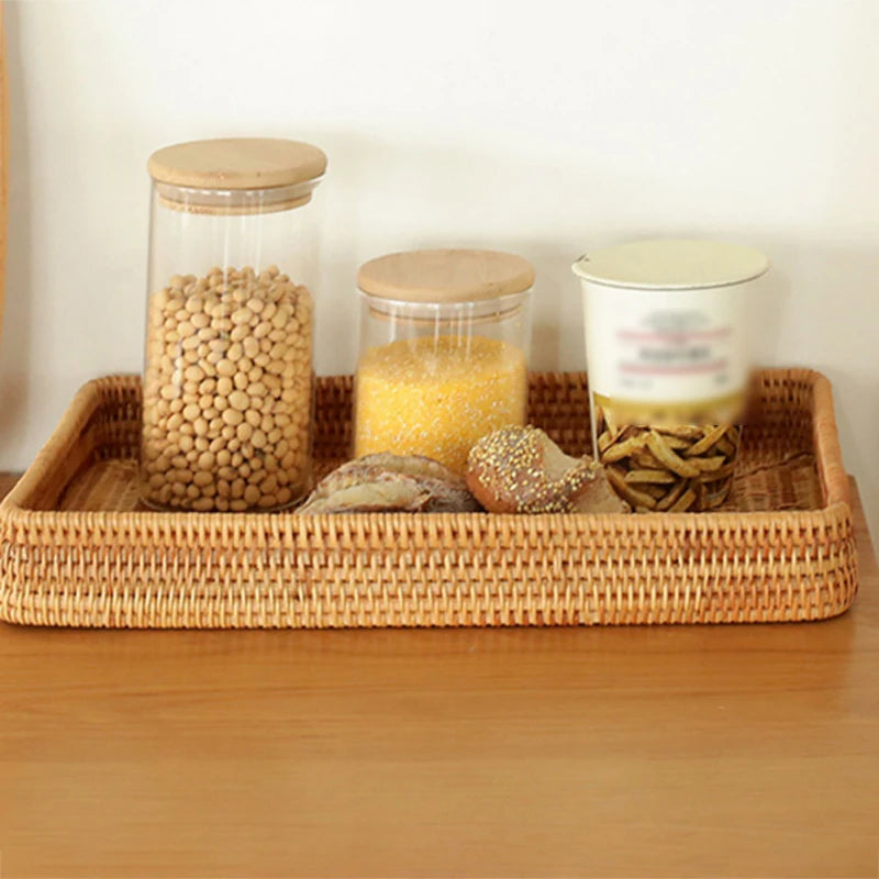 Handwoven Rattan Storage Basket Square Wicker Tray Picnic Basket Bread Food Plate Fruit Cake Sundries Box Home Desk Decoration