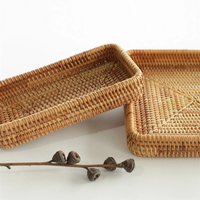 Handwoven Rattan Storage Basket Square Wicker Tray Picnic Basket Bread Food Plate Fruit Cake Sundries Box Home Desk Decoration