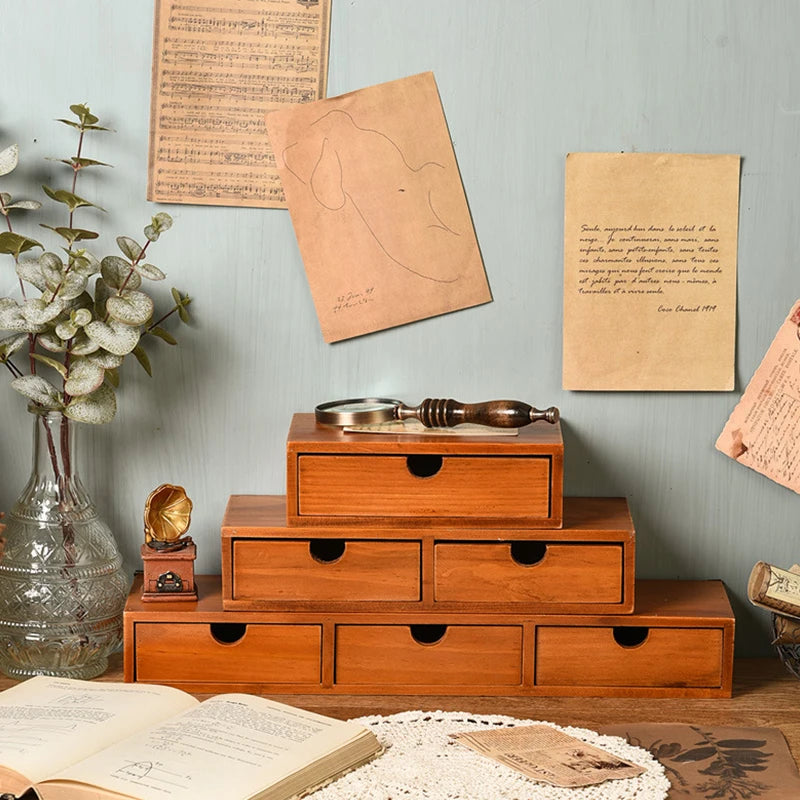 Retro Wooden Drawer Desk Organizer
