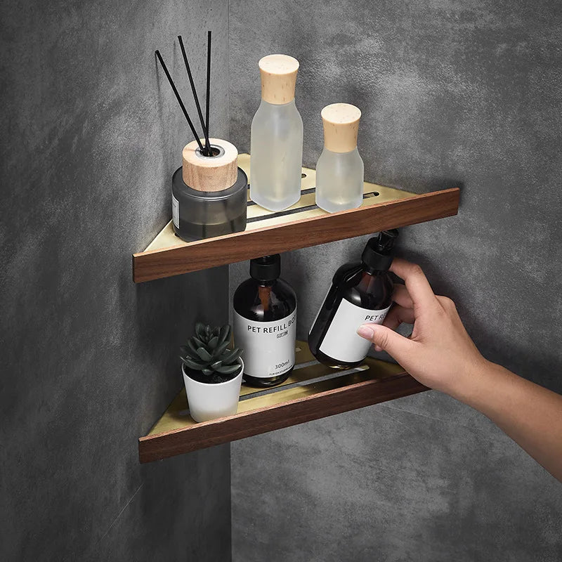 Walnut Brushed Gold Bathroom corner Shelf