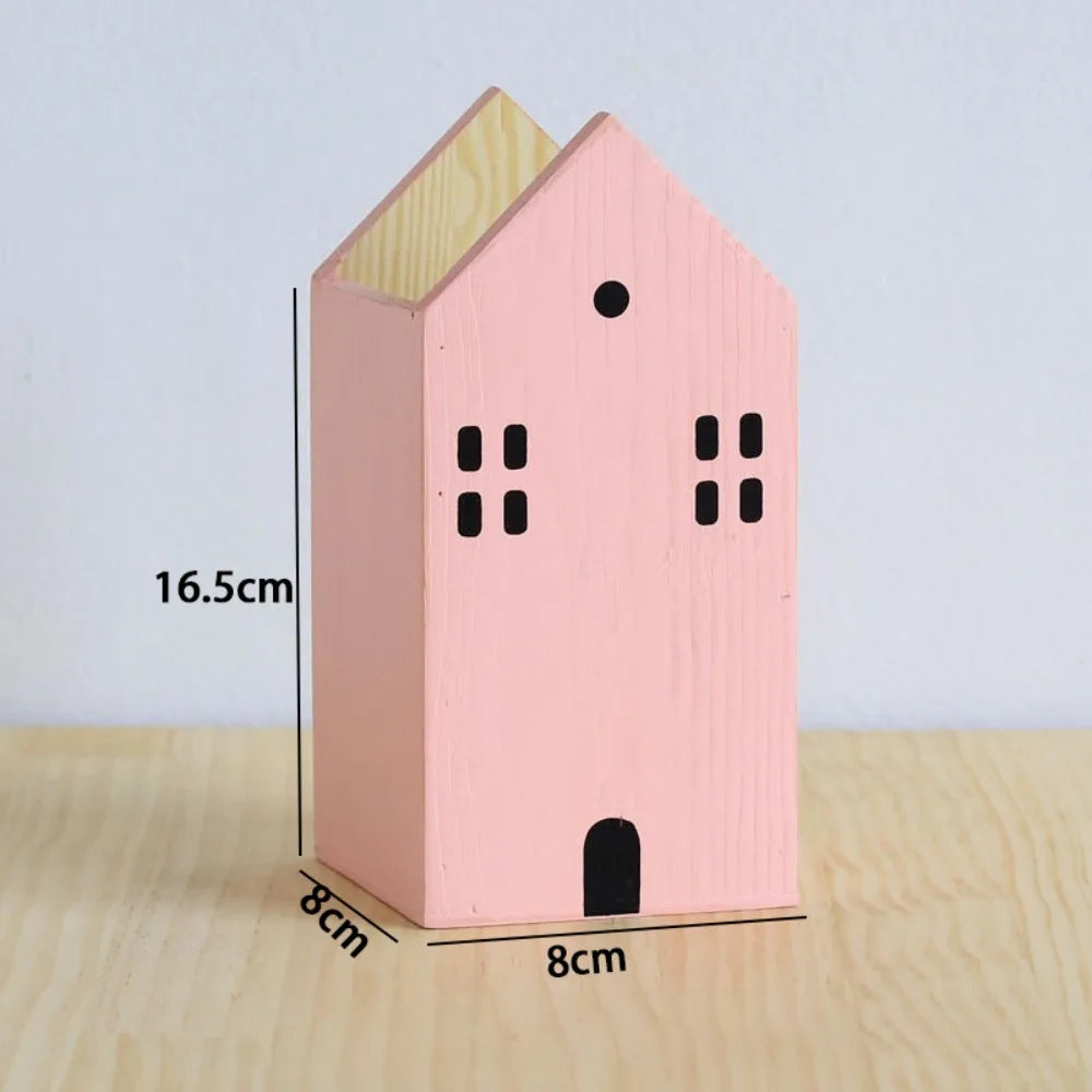 High-Quality Cartoon House Wooden Pen Holder
