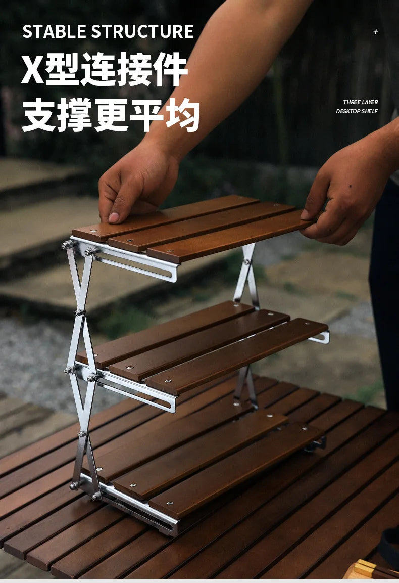 Outdoor Camping Three-layer Storage Rack Solid Wood Foldable Portable Camping Folding Table Multi-layer Multi-function