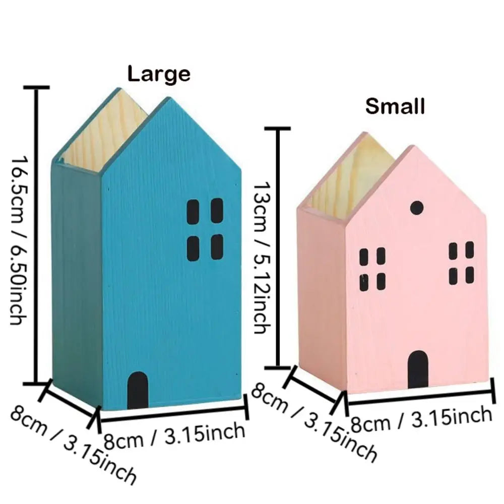 High-Quality Cartoon House Wooden Pen Holder