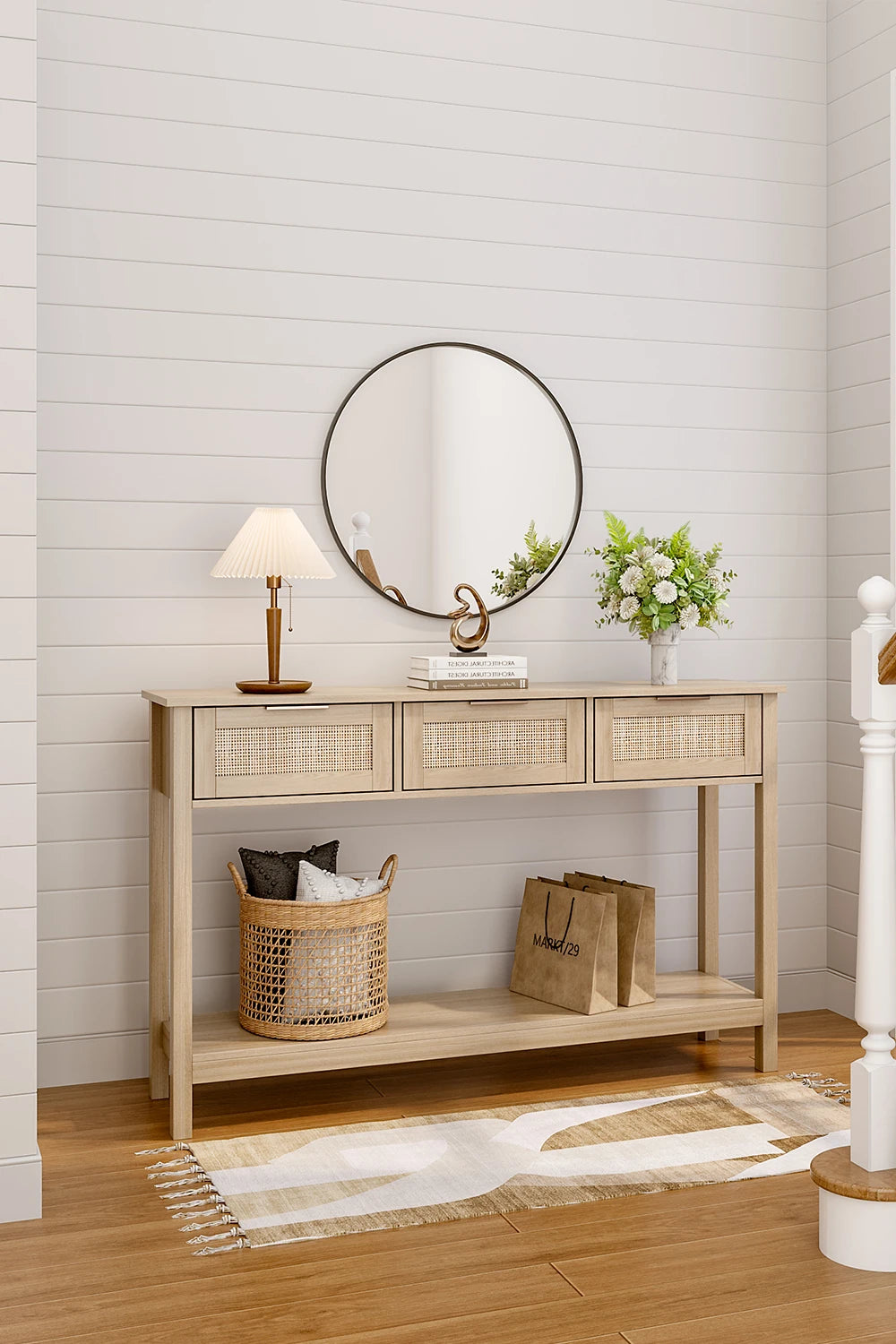 【Lifeideas】Rustic Wood Console Table with 3 Rattan Drawer Livingroom Bedroom Decoration Storage Cabinet