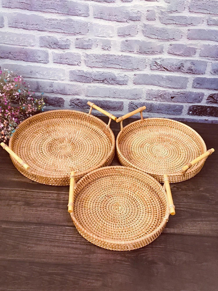 1PC Woven Rattan Storage Basket with Strap Handle round Tray for Bread Snacks Fruits Picnic - Home Organization Basket
