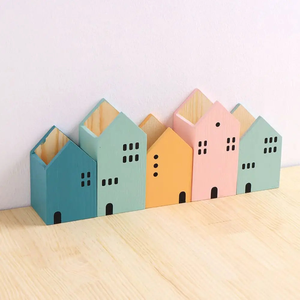 High-Quality Cartoon House Wooden Pen Holder