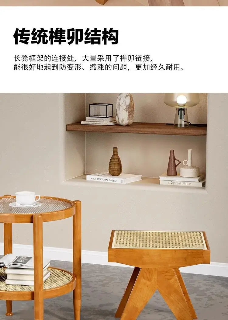 Solid Wood Rattan Bench Living Room Chairs Long Bench Japanese Bed End Bench Retro Chaise Lounge Stool House Furniture Ottoman