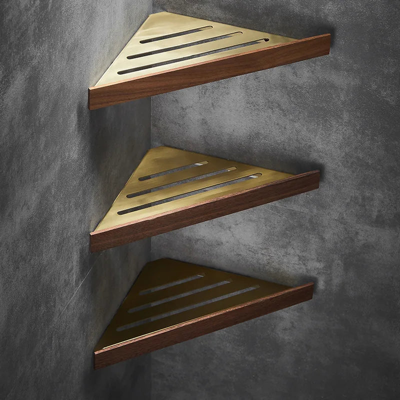 Walnut Brushed Gold Bathroom corner Shelf