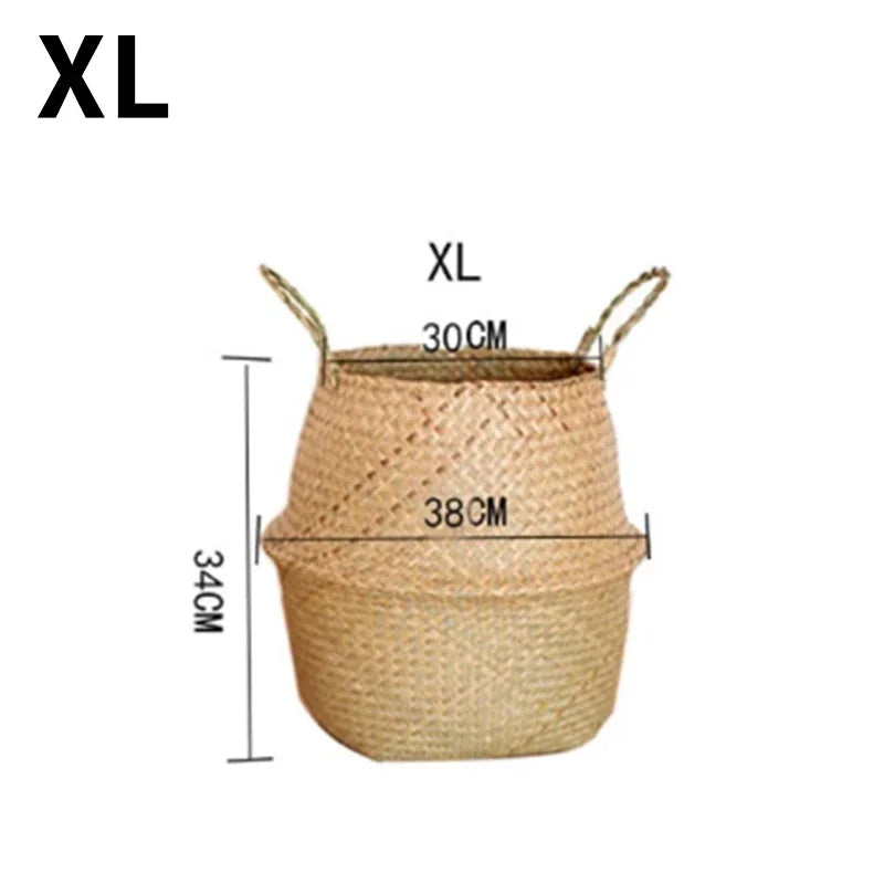 Seagrass Rattan Basket Foldable Wicker Organizer Handmade Plant Pot Laundry Bin Decorative Boho Style for Garden Home Decor