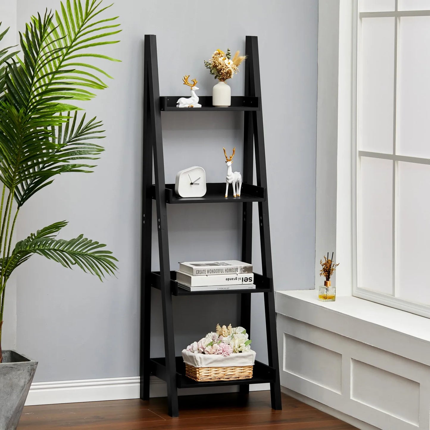【Breeins】4-Tier Wooden Display Ladder Shelf for Home Storage Organizer Rack Home Decoration For Home Office