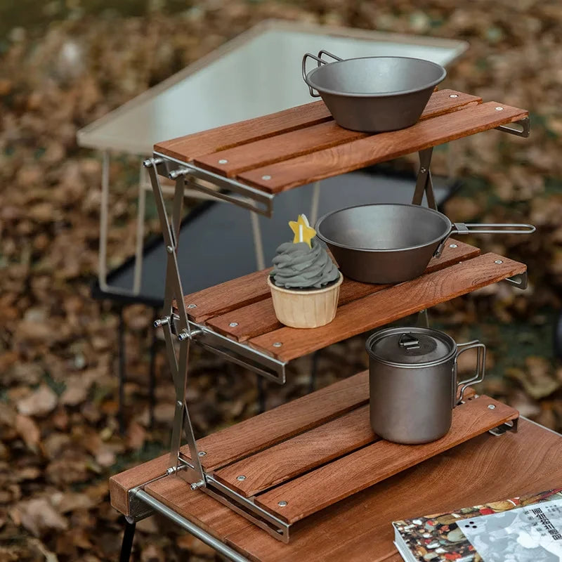 Outdoor Camping Three-layer Storage Rack Solid Wood Foldable Portable Camping Folding Table Multi-layer Multi-function