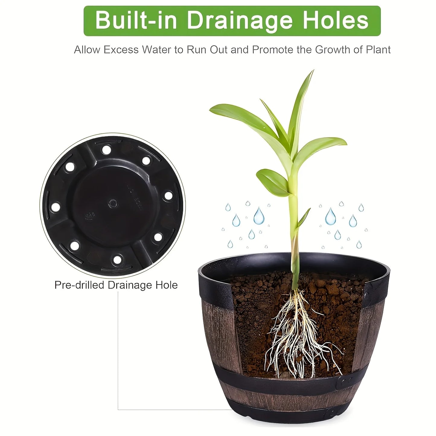 Set of 2 vintage whisky barrel planters, garden flower pots with drainage holes, plastic oval plant containers