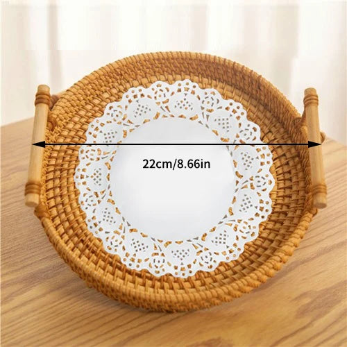 1PC Woven Rattan Storage Basket with Strap Handle round Tray for Bread Snacks Fruits Picnic - Home Organization Basket