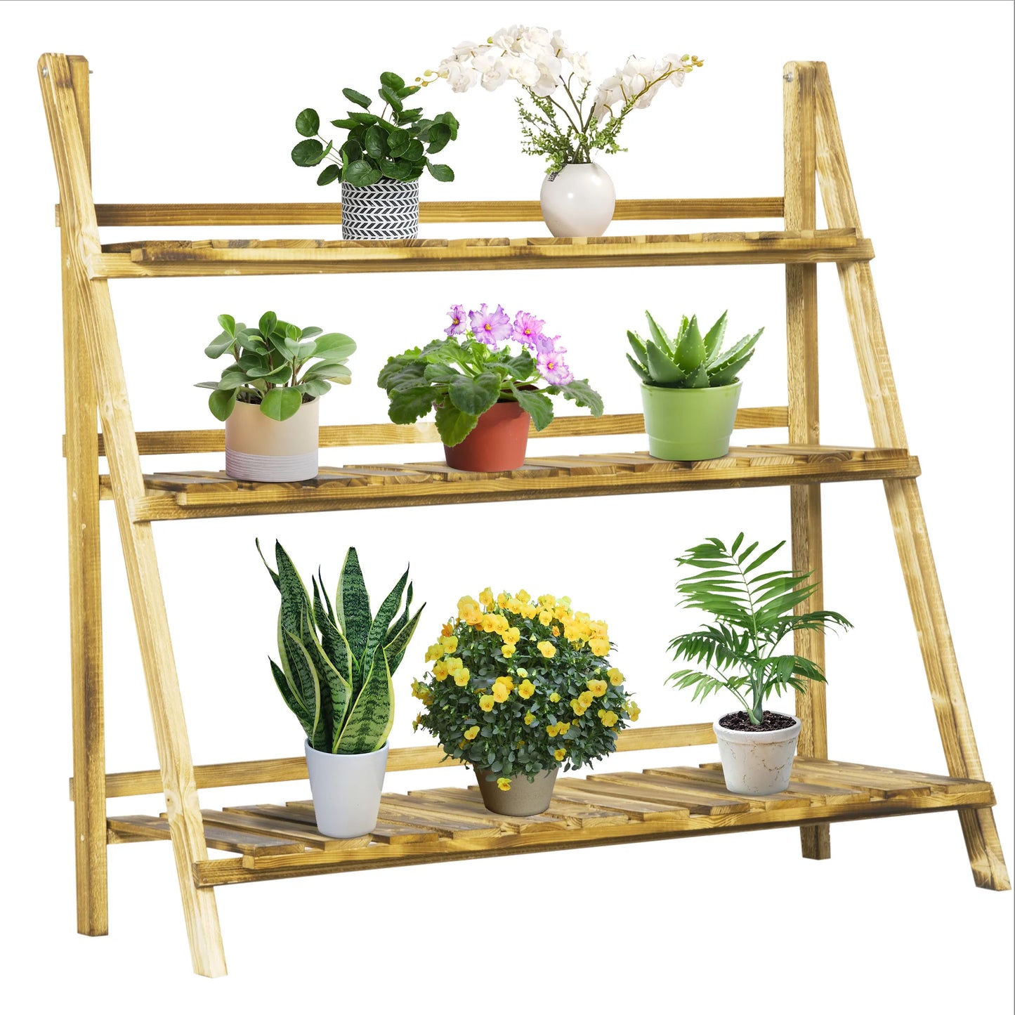 Outsunny Wooden Folding Flower Pot Stand 3 Tier Garden Planter Display Ladder Gardener Storage Shelves Rack Herb Holder
