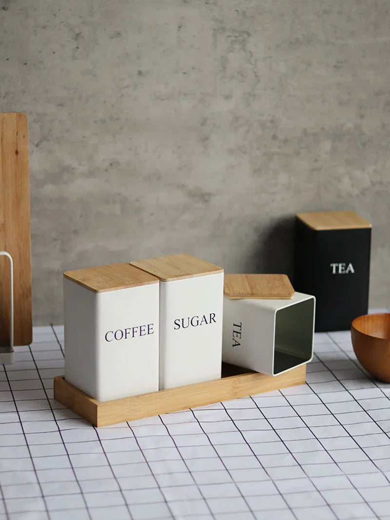 Modern Metal Coffee Bean Storage Jar with Bamboo Lid