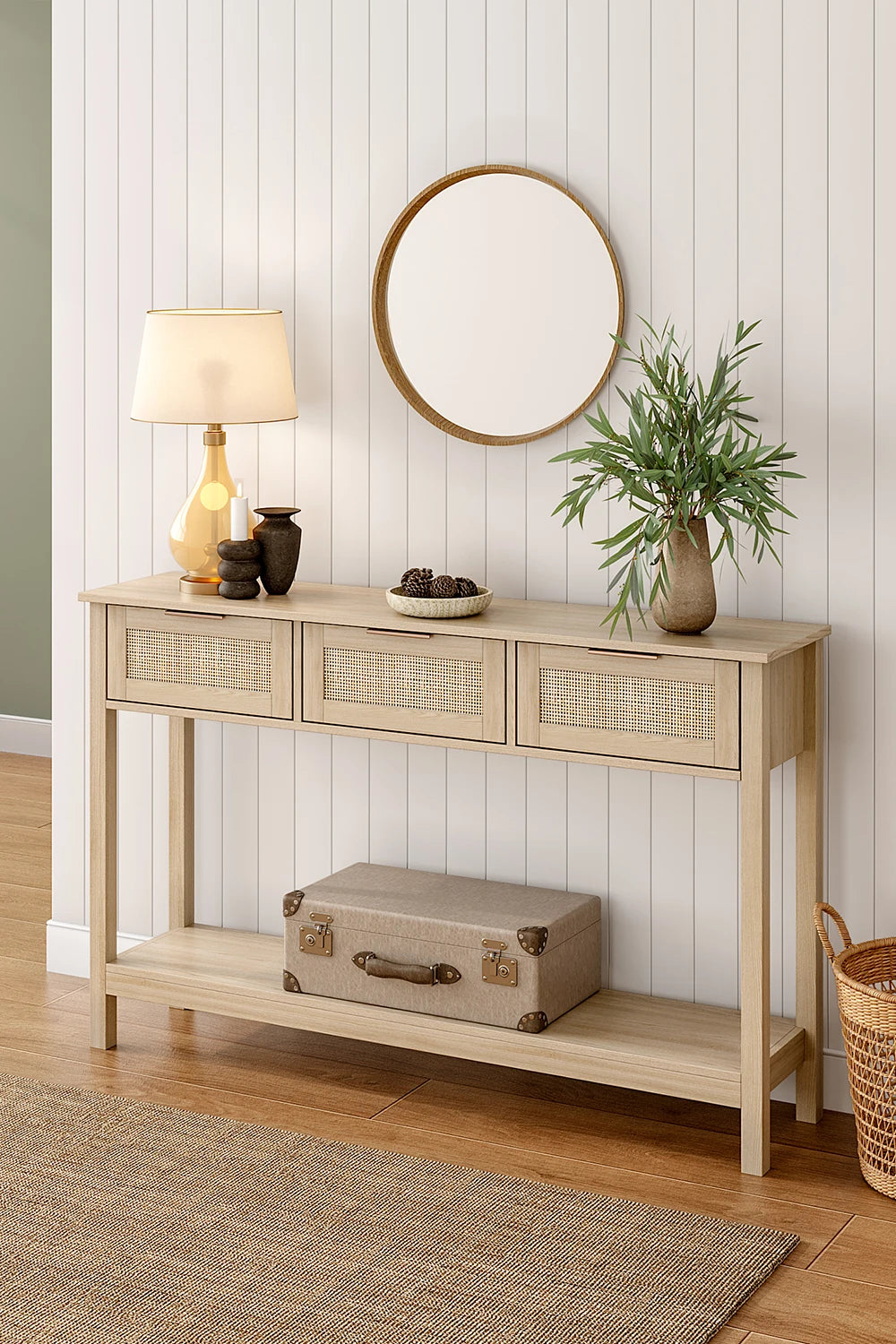 【Lifeideas】Rustic Wood Console Table with 3 Rattan Drawer Livingroom Bedroom Decoration Storage Cabinet