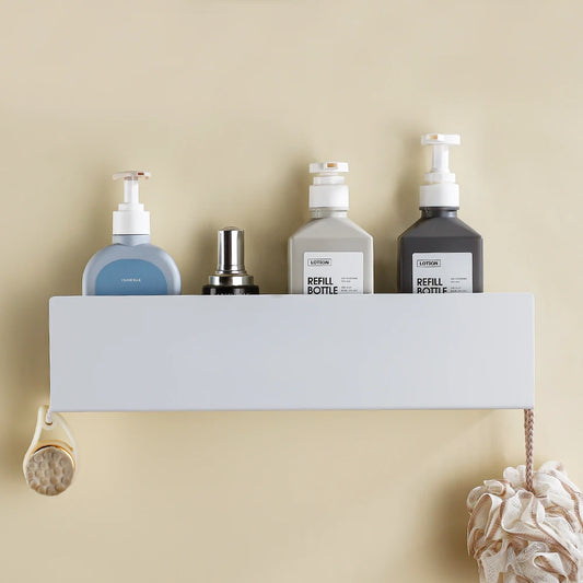 White Aluminium Corner Shower Shelf with Hooks