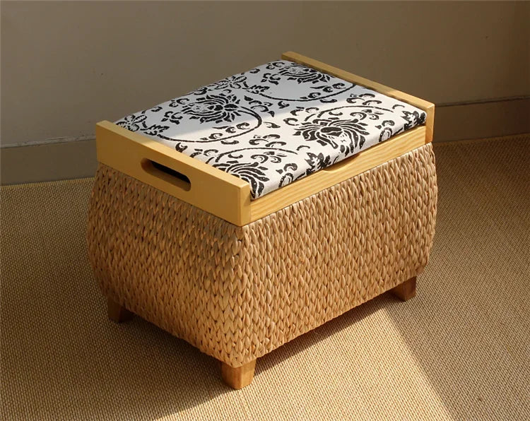 Handwoven Natural Rush Storage Stool
