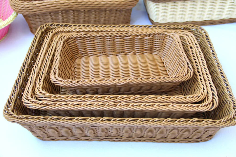 Hand-woven Imitation Rattan Wicker Basket Rectangular Storage Box Fruit Tea Snack Bread Basket Cosmetic House Kitchen Supplies