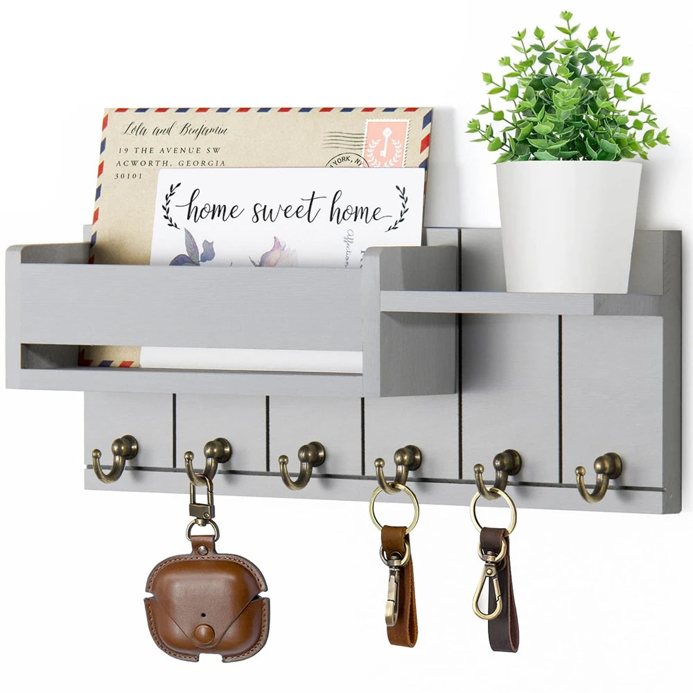 Rustic Wooden Key Rack & Mail Organizer