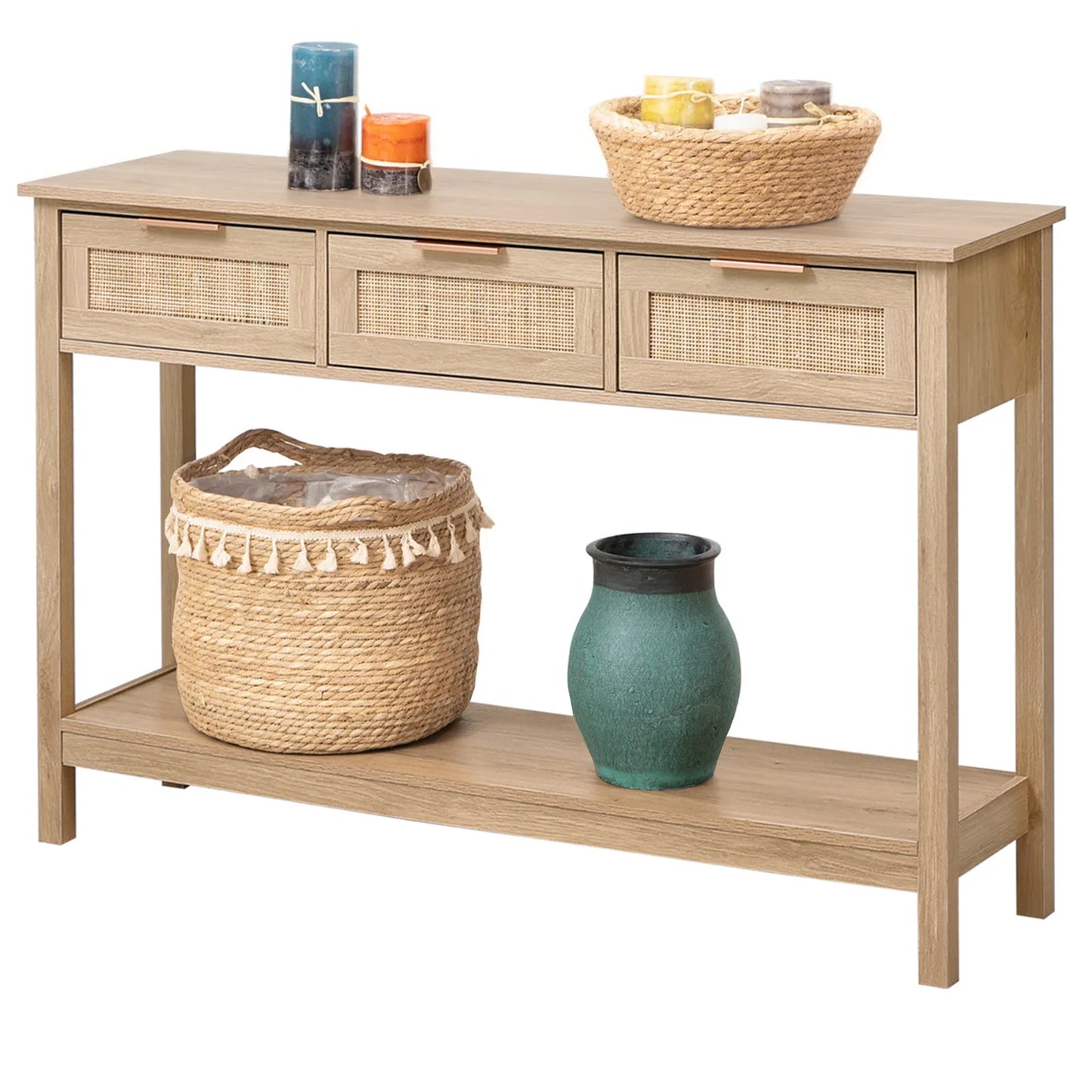【Lifeideas】Rustic Wood Console Table with 3 Rattan Drawer Livingroom Bedroom Decoration Storage Cabinet