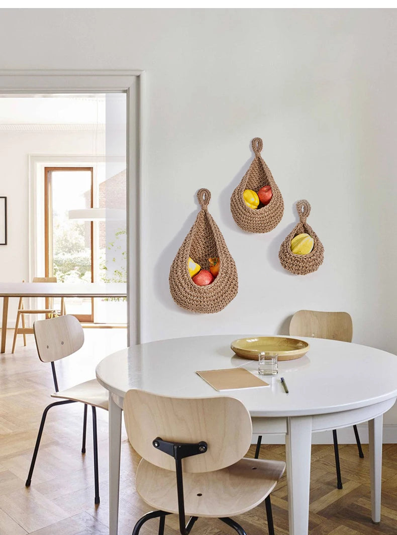Water Drop Vegetable Fruit Storage Basket Cotton Hand-woven Kitchen Hanging Basket Wall Net Pocket Cotton Rope Home Decor Tool