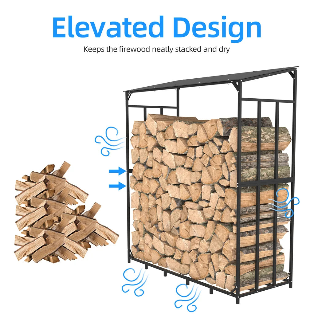 Outdoor Metal Wood Rack – 70” Firewood Storage with Waterproof Roof